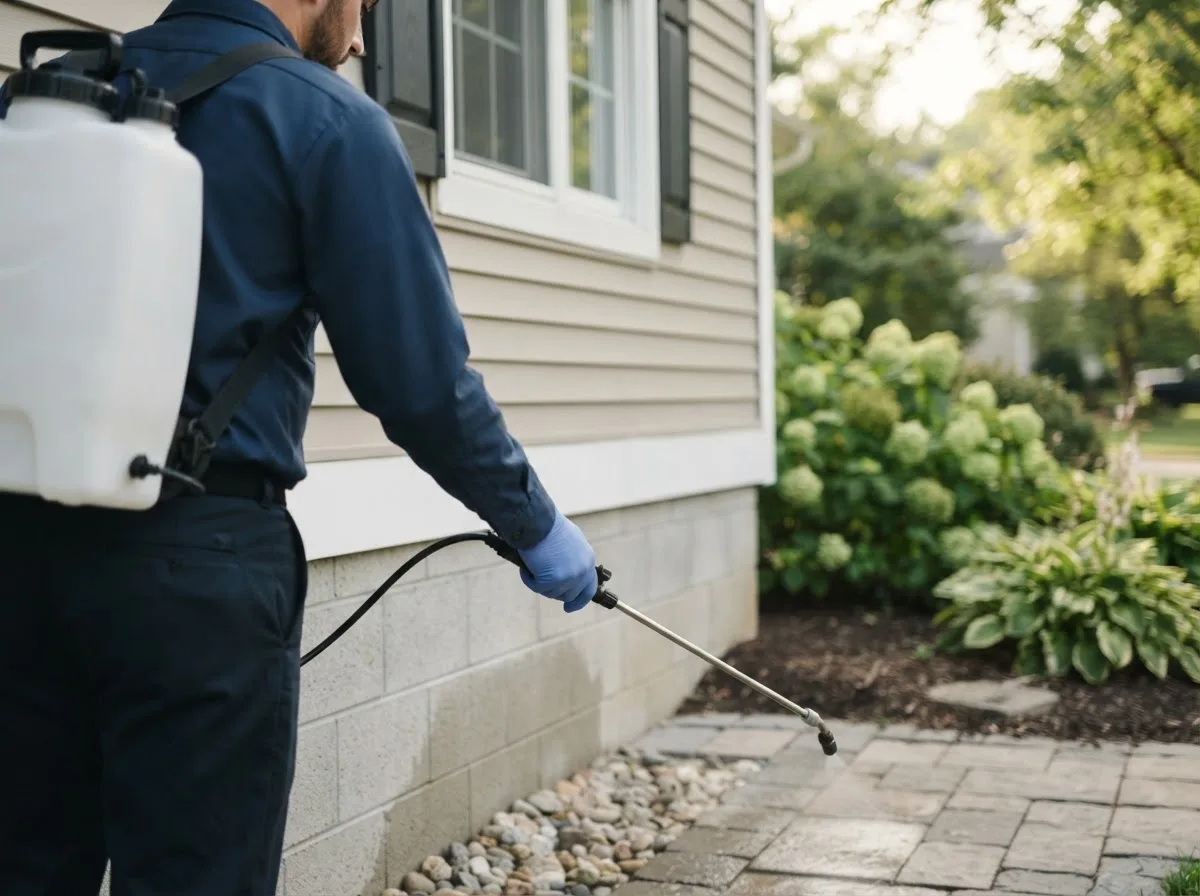Pest control technician inspecting a home in Mound City, KS